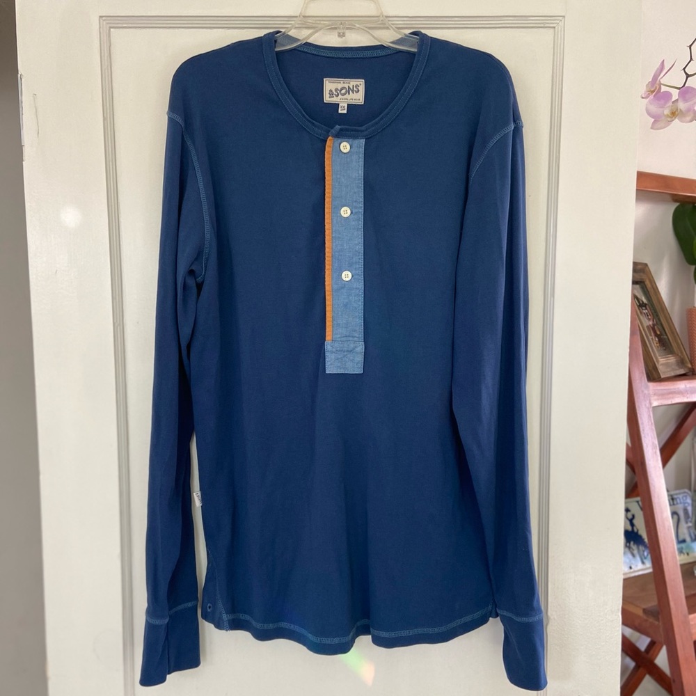 &Sons The New Elder Henley Shirt Blue XXL 100% Organic Cotton Contrast Placket